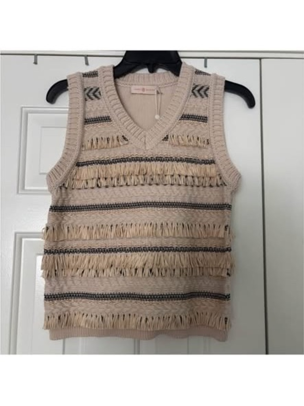 Tory Burch Cream Knit V-Neck Sweater Vest with Black Accents